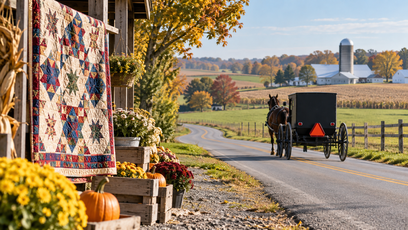 Quilt by a country road with a horse-drawn buggy
