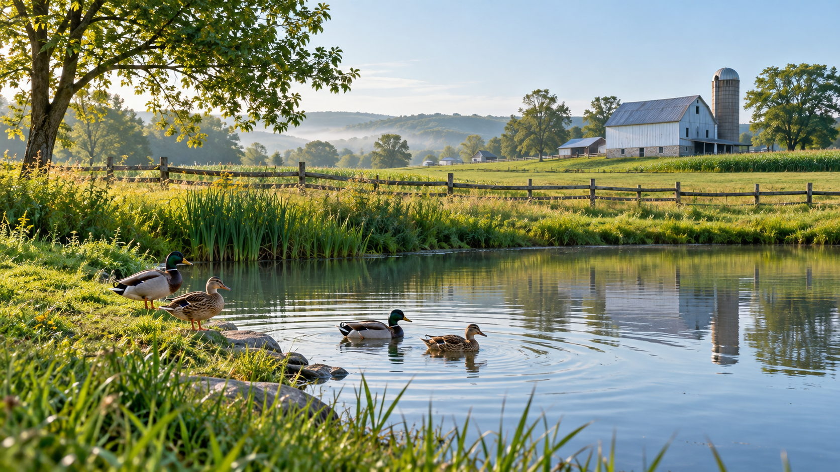 Ducks by a pond with a barn in the distance