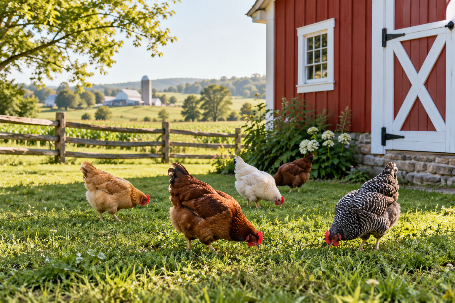 Chickens pecking beside a red farm building