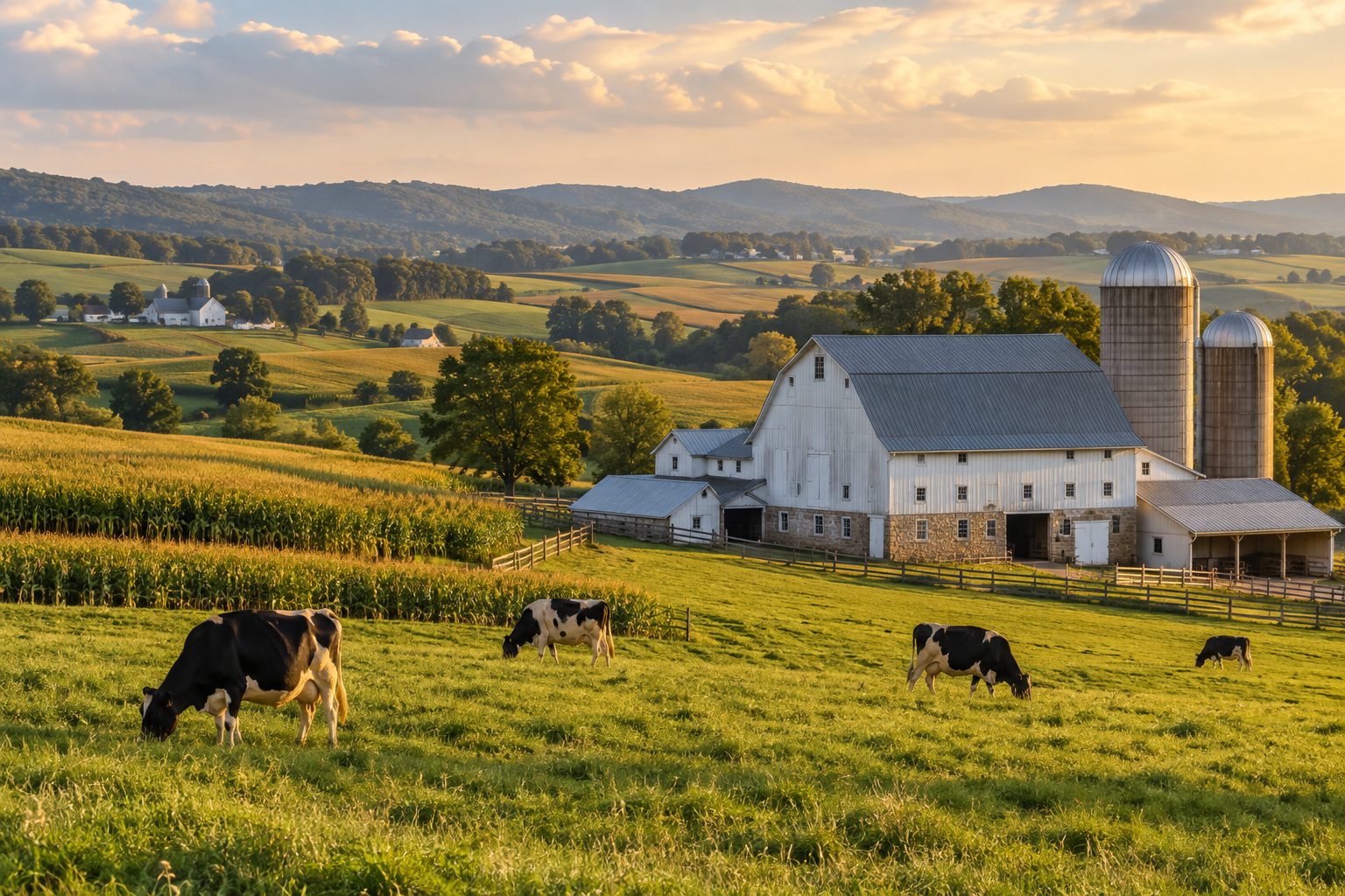 Cows grazing near a barn and silos