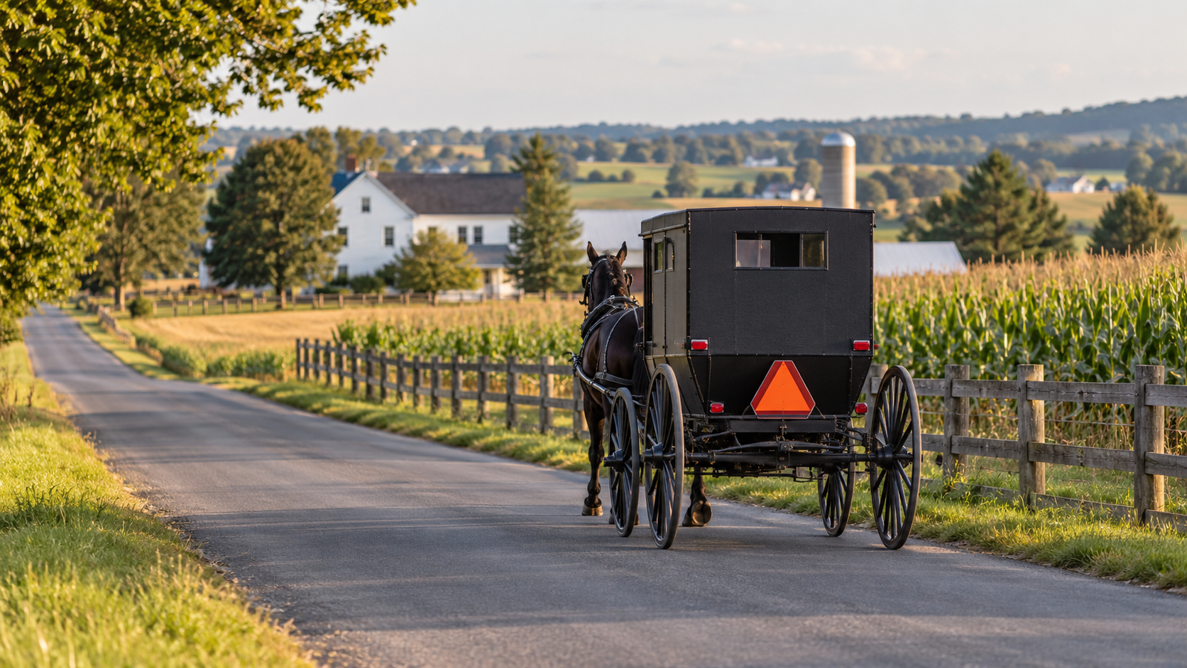 Horse-drawn buggy on a quiet rural road, seen from behind