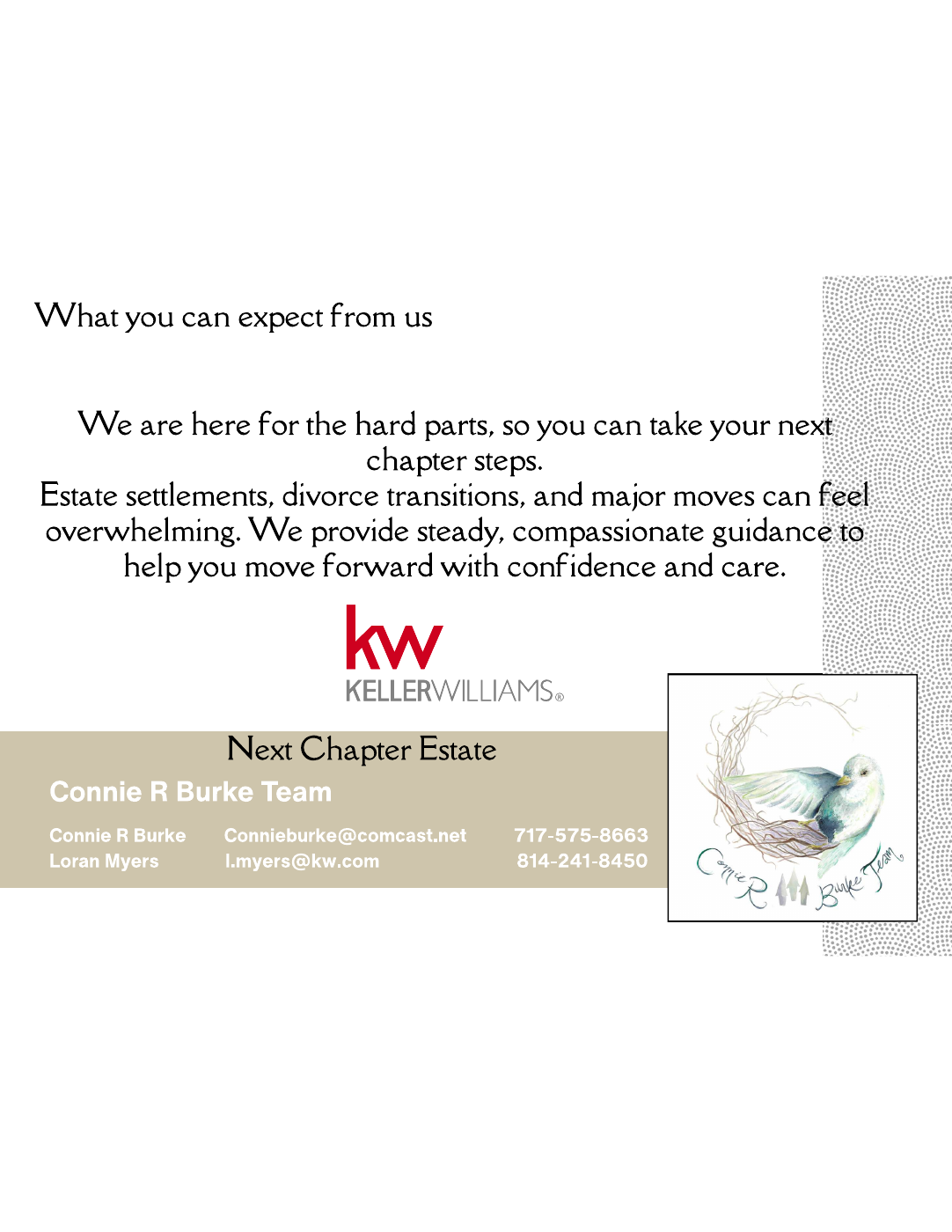 Postcard page describing compassionate guidance and contact information