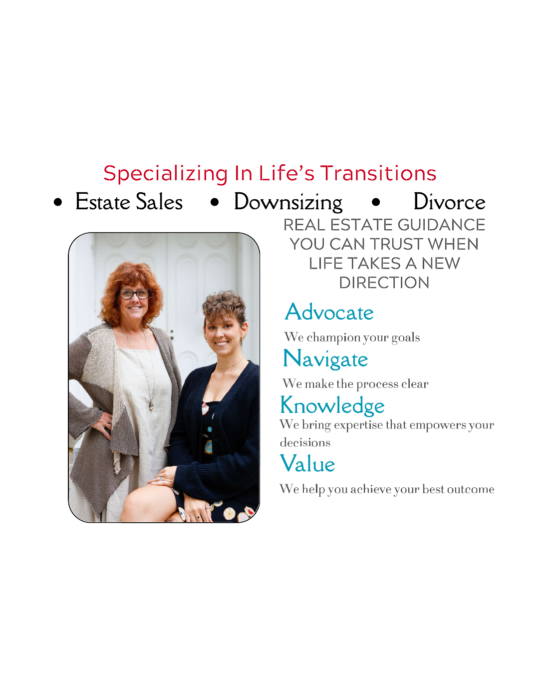 Postcard page about estate sales, downsizing, divorce, and the team's guidance