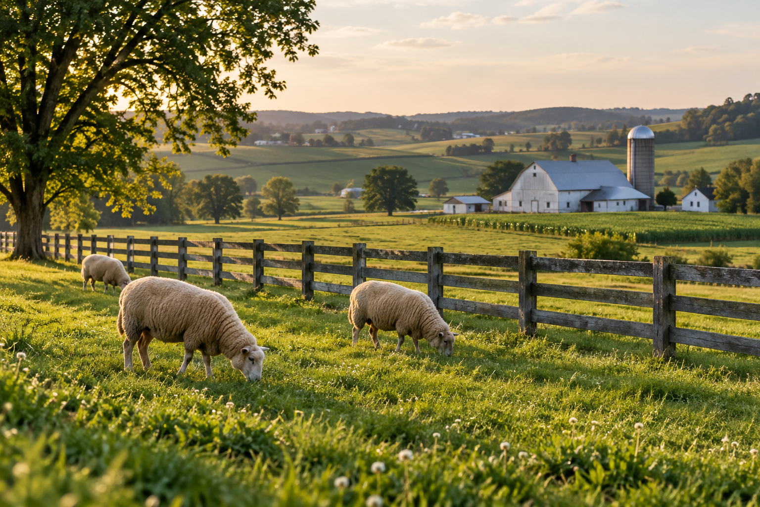 Sheep grazing in a meadow beside a farm fence