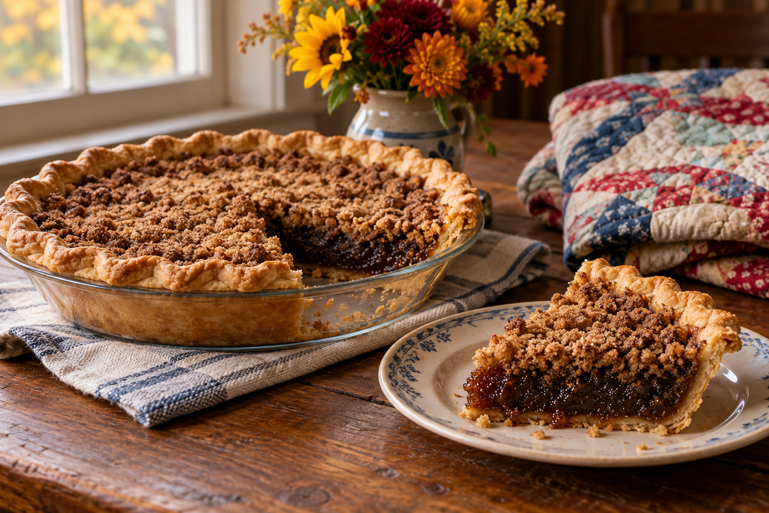 Shoofly pie with a slice on a farmhouse table and a folded quilt